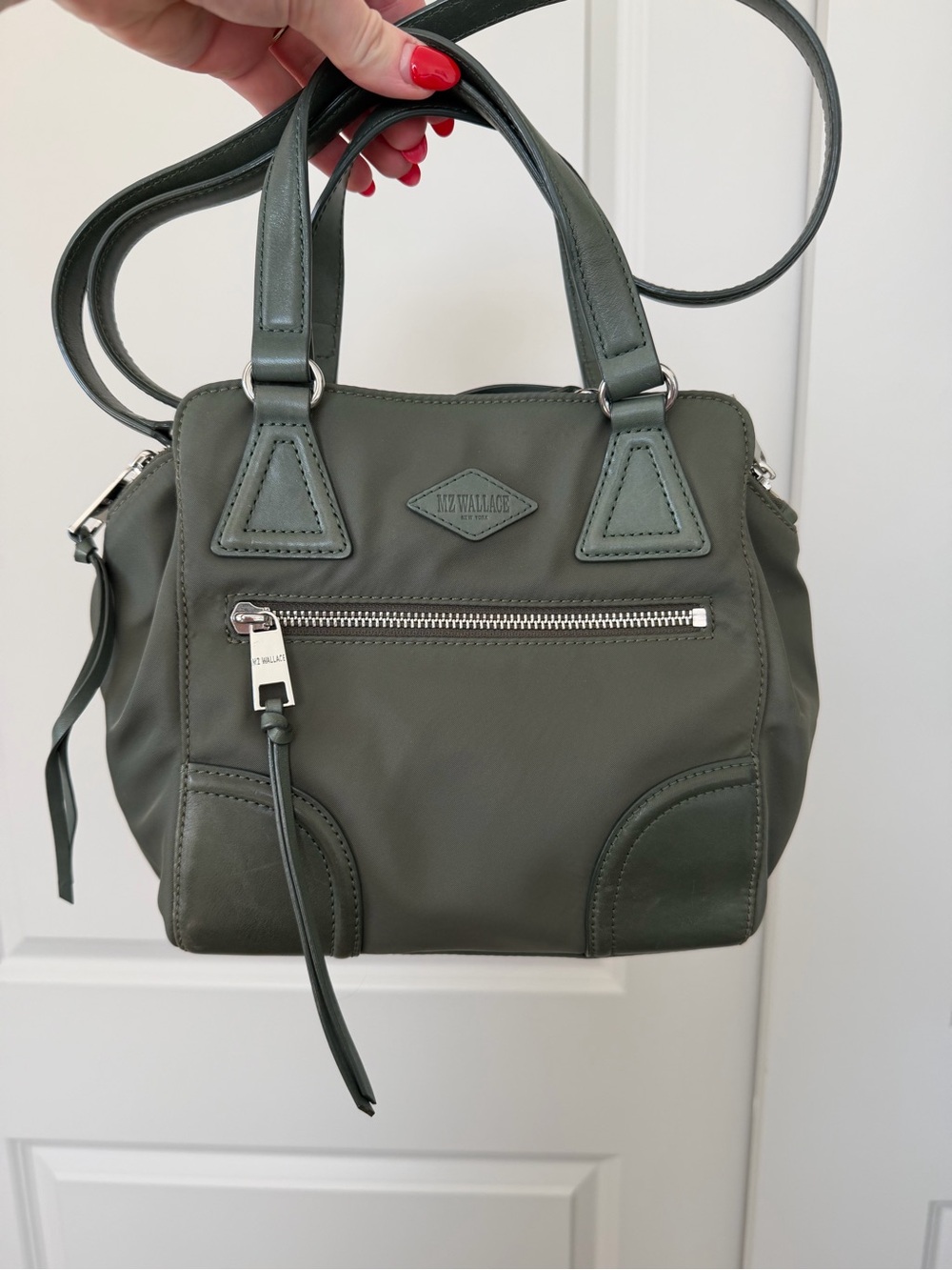 MZ Wallace Olive Green Nylon Shoulder Bag with Leather Trim